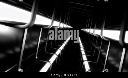 Abstrakter endloser Tunnel mit geometrischen Formen und Lichtern Stockfoto