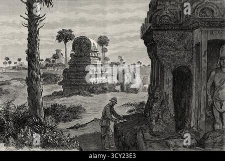 Nakula Sahadeva ratha und eine Elefantenstatue. Pancha Rathas ist ein monolithischer indischer Felsendenkmalkomplex in Mahabalipuram an der Coromandel-Küste der Bucht von Bengalen im Bezirk Chengalpattu, Bundesstaat Tamil Nadu, Indien. Südasien. Acht Days in India, 1876 von Emile Guimet (1836–1918) Zeichnungen aus dem Leben von Félix Régamey (1844–1907) Le Tour du Monde 1888 Stockfoto