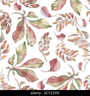 Herbstlaub in weichem rot-grünem Aquarell, nahtloses Muster, isoliert weiß. Handgemalte Kastanienmalerei hinterlässt Pastelltöne. Empfindliche botanische Wiederholung Stockfoto