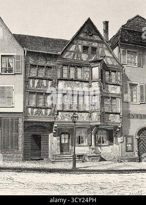 Alte Häuser von Saverne, Departement Unterrhein, Elsass, Frankreich. Zeichnung von Jean Baptiste Meunier (1821–1900) durch Elsass und Lothringen, 1888 von Charles Grad (1842–1890) Le Tour du Monde 1888 Stockfoto
