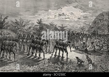 Der traditionelle Tanz des Volkes der Aragua, San Pedro, Bolívar, Venezuela. Südamerika. Zeichnung von Edouard Riou (1833–1900) Reise durch die Caura-Ebenen, 1885 von Jean Chaffanjon (1854–1913) Le Tour du Monde 1888 Stockfoto
