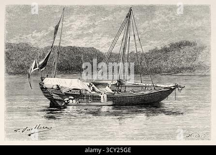 Arabische Dau, die von der Expedition auf ihrer Reise nach Ostafrika genutzt wurde. Zeichnung von Gaston Vuillier (1845–1915) Reise zwischen den Benadiren, Somalis und den Bayouns, 1882-1883 von Georges Emmanuel Joseph Revoil (1852–1894) Le Tour du Monde 1888 Stockfoto