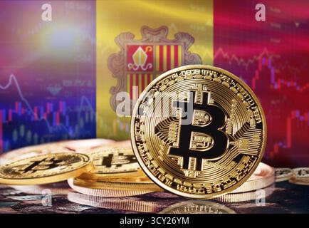 Bitcoin mit Andorra-Flagge im Hintergrund. Investoren in Kryptowährung und Blockchain-Technologie in Andorra, Konzept Stockfoto