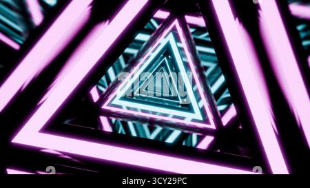 Abstrakter Neon-Dreiecktunnel für futuristische Lichtimpulse Stockfoto