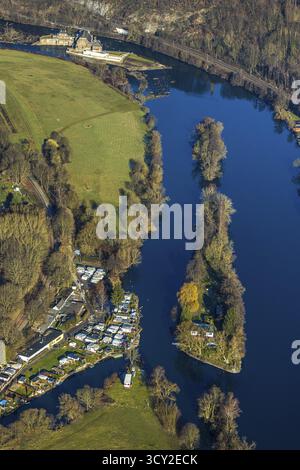 Luftaufnahme, Campingplatz Steger, Ruhr, Ruhrinsel, Wasserkraftwerk Hohenstein, Bommern, Witten, Ennepe-Ruhr, Ruhrgebiet, Nord Stockfoto