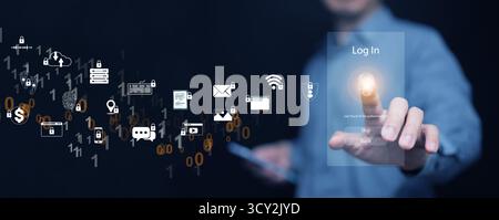 Fingerabdruck-Anmeldung per Hand auf transparentem Digitalbildschirm mit Sicherheitssymbolen, die biometrische Identifikation, Online-Datenschutz und innovativ symbolisieren Stockfoto
