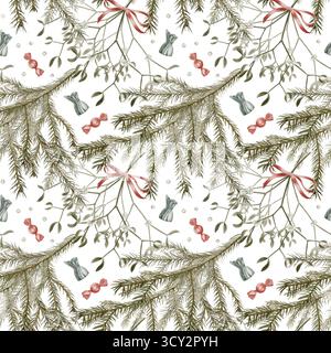 Vintage Weihnachten nahtloses Muster von Fichtenzweigen mit Süßigkeiten, Mistelzweigen und Beeren als Symbol für Urlaub, Wunder. Aquarellpatern auf Stockfoto