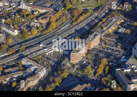 Luftaufnahme, Bebauungsgebiet rund um die Hauptpost, Hauptbahnhof, Altstadt I - Suedost, Müelheim an der Ruhr, Ruhrgebiet, Nordrhein-Westfalen Stockfoto