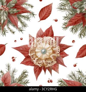 Vintage Weihnachten nahtlose Muster von roten Weihnachtsstern Blumen, stechpalme Blätter mit Beeren, Fichtenzweige Spitze Schleifenbrosche mit Seideneinsatz in Beige mit Stockfoto
