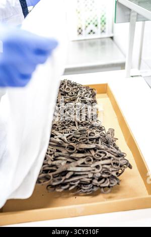 POL Polen Auschwitz Fotoserie über die Gedenkstätte des ehemaligen Konzentrationslagers Auschwitz-Birkenau. Die Verarbeitung von Artefakten im Konserva Stockfoto