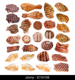 Leckeres gegrilltes Fleisch isoliert auf weiß, Set Stockfoto