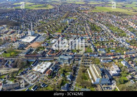 Luftaufnahme, Ortsansicht Bockum-Hoevel, Rathaus Bockum-Hoevel, St. Josef-Krankenhaus Bockum-Hoevel, Hamm, Ruhrgebiet, Nordrhein-Westfalen Stockfoto