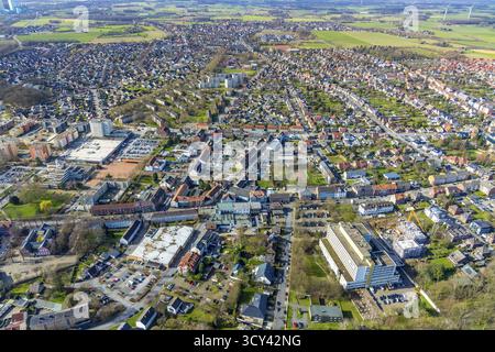 Luftansicht, Stadtansicht Bockum-Hoevel, Rathaus Bockum-Hoevel, St. Josef-Krankenhaus Bockum-Hoevel, Hamm, Ruhrgebiet, Nordrhein-Westfalen Stockfoto