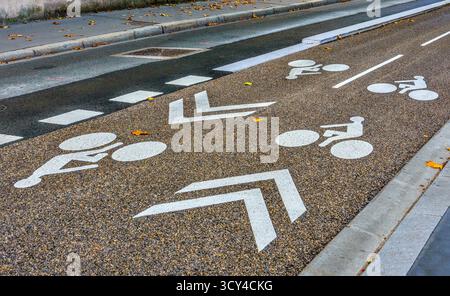 Pfeil- und Fahrradmarkierungen, die sowohl Fahrspuren als auch Wegbeschreibungen anzeigen, exklusiv für Radfahrer - Tours, Indre-et-Loire (37), Frankreich. Stockfoto