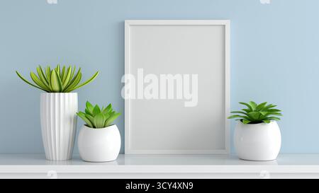 Minimalistischer leerer Rahmen mit Sukkulenten für den Innenbereich auf dem Regal Stockfoto