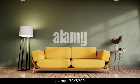 Modernes Wohnzimmer mit gelbem Sofa und Stehlampe Stockfoto