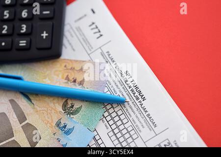 KIEW, UKRAINE - 27. JANUAR 2024 Indonesisches Steuerformular 1771 Körperschaftsteuerzahler jährliche Einkommensteuererklärung mit Stift liegt auf der Buchprüfertabelle Stockfoto