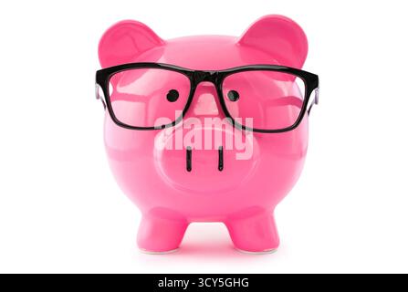 Pink Piggy Bank mit Brille Stockfoto
