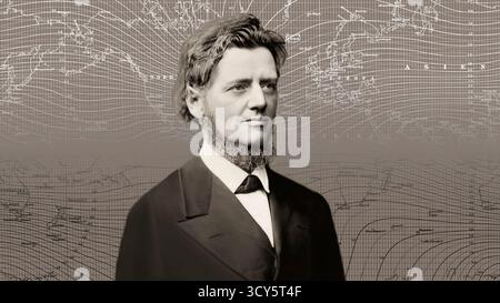 Georg Balthazar von Neumayer, Ritter von Neumayer, 1826–1909, deutscher Polarforscher, Geograph und Geophysiker, bekannt für die Zusammenarbeit von Meteorologie und wissenschaftlichen Beobachtungen, seine globale Karte mit Magnetfeldlinien, Linien gleicher magnetischer horizontaler Intensität, digital optimiert Stockfoto