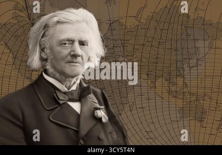 Georg Balthazar von Neumayer, Ritter von Neumayer, 1826–1909, deutscher Polarforscher, Geograph und Geophysiker, bekannt für die Zusammenarbeit von Meteorologie und wissenschaftlichen Beobachtungen, seine globale Karte mit Konvergenz von Meridianen und magnetischer Deklination, digital optimiert Stockfoto