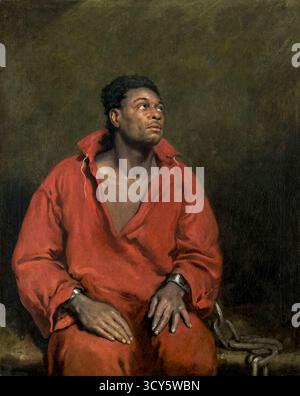 Das Gemälde „The Captive Slave“ von 1827 des englischen Künstlers John Philip Simpson (1782-1847) zeigt Ira Aldridge (1807-1867), den Pionier-afroamerikanischen Shakespeare-Schauspieler, dargestellt in Ketten und Gefängnisgewand, und blickt in einer Weise nach dem Himmel, die die Konventionen von Heiligen und Märtyrern widerspiegelt. Das Werk, das als machtvolle Erklärung der Abolitionismus gemalt und in der Royal Academy in London während der Inbrunst der Anti-Sklaverei-Bewegung ausgestellt wurde, zielte darauf ab, Empathie zu wecken und die Unmenschlichkeit der Sklaverei hervorzuheben. Quelle: Universal Art Archive / Art Institute of Chicago Stockfoto