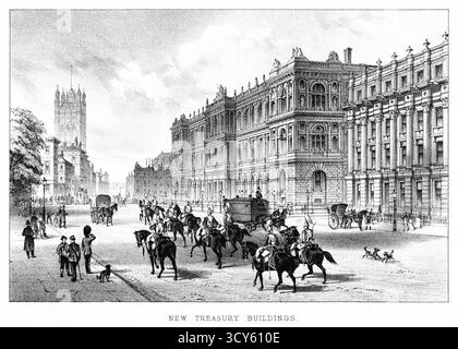 Ein Stich aus dem 19. Jahrhundert an der Außenseite des Treasury Building. Zu den Finanzgebäuden gehören das Privy Council Office und das Cabinet Office. Es enthält die Überreste von Henry VIII.'s Whitehall Palace, Dorset House 1700-10, William Kent's Treasury 1733-36, Privy Council and Cabinet Offices 1824-27 von Sir John Soane, umgebaut und als Treasury 1845-47 von Sir Charles Barry umgestaltet. Alle werden als Regierungsstellen genutzt und sind in der Klasse I gelistet. Stockfoto
