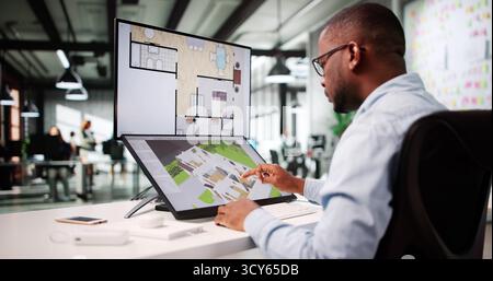 Virtual Interior Designer Analyse des 3D-CAD-Modells auf dem Computerbildschirm Stockfoto