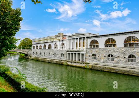 Blick auf die Touristenboote auf der Ljubljanica, Cafés und andere Gebäude entlang der Uferpromenade in Ljubljana, Slowenien Stockfoto