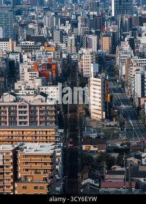 Luftaufnahme des städtischen Netzes Osaka mit Eisenbahnkorridor und Türmen Stockfoto