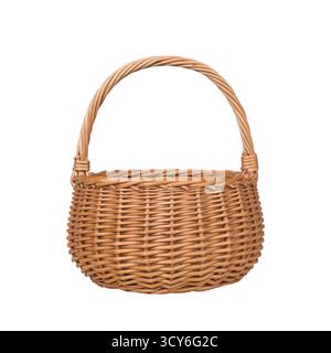 Handgefertigter Korb aus Weidengeflecht isoliert auf weißem Hintergrund, Schneidepfad enthalten Stockfoto