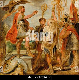 Decius Mus adressiert die Legionen um 1616 Gemälde des flämischen Künstlers Sir Peter Paul Rubens (1577–1640), das den römischen Konsul Decius Mus auf einer Steinplattform zeigt, während er seine aufmerksamen Legionen anspricht, umgeben von Standardträgern, die Adler, SPQR und Legionärstandards halten. Stockfoto