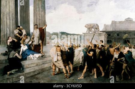 Origen de la República Romana (Ursprung der Römischen Republik) 1877 Gemälde des spanischen Künstlers Casto Plasencia y Maestro (1846–1890), das die dramatische Eid-Szene über die Leiche von Lucretia zeigt, wobei Brutus und andere römische Bürger schwören, die Könige aus Rom zu vertreiben, während eine inbrünstige Menschenmenge dem SPQR-Denkmal auf den Stufen eines antiken Tempels zuwendet. Stockfoto