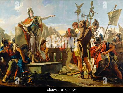 Königin Zenobia spricht an ihre Soldaten (ca. 1728), Gemälde des italienischen Künstlers Giovanni Battista Tiepolo (1696–1770), das Königin Zenobia in königlicher Kleidung zeigt, die ihre versammelten römischen Soldaten in einer dramatischen historischen Umgebung mit Zelten und militärischen Standards im Hintergrund befehligt und inspiriert. Stockfoto