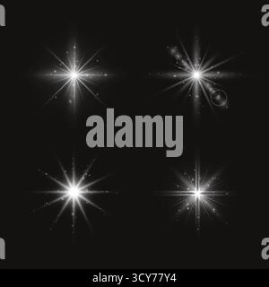 Set Mit Weißen Sternen. Helles weißes leuchtendes Licht fackelt und funkelt auf dunklem Hintergrund. Strahlende Sternenaufbrüche und Glitzerblitze für Eleganz Stock Vektor