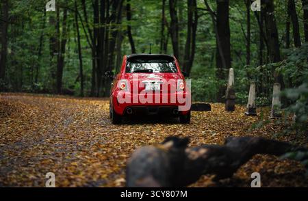 Red Abarth 500 im Herbstwald. Rückansicht des kleinen Fiat-Fließhecks im Wald, der mit heruntergefallenen Blättern bedeckt ist. Stockfoto