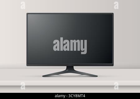 Vector 3D realistischer Monitor oder Fernseher auf dem Schreibtisch. Vorderansicht Minimalanzeige. Leerer Schwarzer Bildschirm, Monitormodell. Sauberer TV-Bildschirm, LCD-LED-Display-Design Stock Vektor