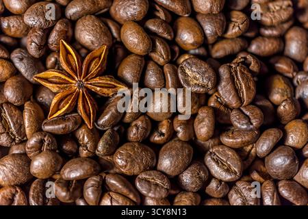 Geröstete Kaffeebohnen mit Sternanis-Gewürz. Warme Töne und reichhaltige Texturen heben das Aroma und den kulinarischen Kontrast hervor. Stockfoto