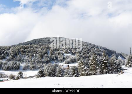 Paisaje nevado en la sierra de guadarrama en Madrid Stockfoto