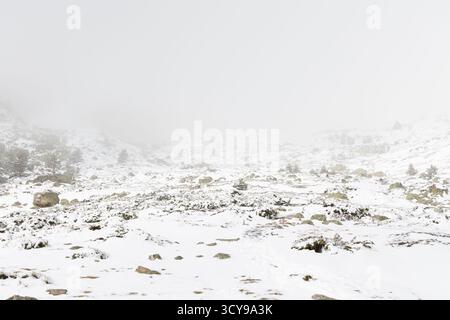 Paisaje nevado en la sierra de guadarrama en Madrid Stockfoto