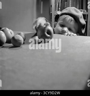 Ein liebenswertes Archivfoto aus den 1960er Jahren zeigt ein neugieriges Kleinkind in Sloviansk, der ukrainischen SSR. Mit einer charmanten Baskenmütze liegt das Baby auf seinem Bauch und greift gespannt nach Äpfeln, die auf einem Tisch verstreut sind. Die Szene, die wahrscheinlich in einem gemütlichen Zuhause spielt, erinnert an die einfachen Freuden und Entdeckungen der frühen Kindheit. Dieser intime Schnappschuss ist ein herzerwärmender Einblick in den Familienalltag während der Sowjetzeit, eine nostalgische Aufzeichnung friedlicher Momente im Donbass vor dem Krieg Stockfoto