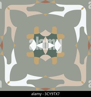 Dieses nahtlose Vektor-Muster zeigt abstrakte Blatt- und Blütenblätter-Formen in weichem Beige, Olivgrün, Senfgelb und Korallenakzenten, die ein Symmetri bilden Stockfoto