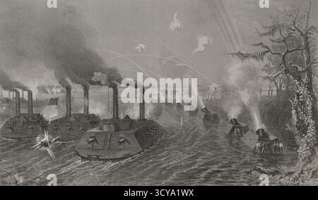 Usa. Amerikanischer Bürgerkrieg (1861–1865). Schlacht von Insel Nummer zehn. Das Engagement fand am New Madrid oder Kentucky Bend statt, einer Kurve im Mississippi River, der die Grenze zwischen Missouri und Tennessee bildet. Sie dauerte vom 28. Februar bis zum 8. April 1862. Die Insel Nr. 10, eine kleine Insel am Fuße einer engen Doppelwende im Fluss, wurde von den Konföderierten seit den Anfängen des Krieges gehalten. Sie behinderte die Versuche der Union, durch den Fluss in den Süden einzudringen, da feindliche Schiffe langsamer fahren mussten, um die Kurve zu navigieren. Auf der Insel Nr. 10. Eine Flotte der Union Navy Kanonenboote und Mörser bo Stockfoto