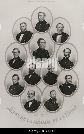 Usa. Amerikanischer Bürgerkrieg (1861–1865). Marineoffiziere der Union. Von oben nach unten und von links nach rechts: Konteradmiral David G. Farragut (-1870 1803 1877), Konteradmiral Louis M. Goldsborough (1805 1798 1806-1877), Konteradmiral Samuel F. du Pont (1877 1813-1865), Commodore Charles Wilkes (1806 1807-1877), Konteradmiral Andrew H. Foote (1806-1861), Konteradmiral John A. Dahlgren (1811-1870), Commodore Henry W. Morris (1891-1863), Captain Charles Ward Davis (1809-1863-1801) Stockfoto
