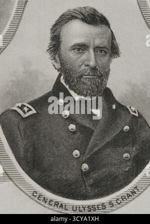 Ulysses S. Grant (1822-1885). Amerikanischer General und Politiker. 18. Präsident der Vereinigten Staaten (1869-1877). 1865 führte Grant als Commanding General der United States Army die Union Army zum Sieg im Amerikanischen Bürgerkrieg. Hochformat. Kupferstich von J.C. Buttre (1821-1893). Geschichte der Vereinigten Staaten von Amerika, von J. A. Spencer. Band III. Ausgabe in Barcelona, 1873. Stockfoto