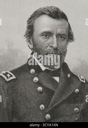 Ulysses S. Grant (1822-1885). Amerikanischer General und Politiker. 18. Präsident der Vereinigten Staaten (1869-1877). 1865 führte Grant als Commanding General der United States Army die Union Army zum Sieg im Amerikanischen Bürgerkrieg. Hochformat. Kupferstich von J.C. Buttre (1821-1893). Geschichte der Vereinigten Staaten von Amerika, von J. A. Spencer. Band III. Ausgabe in Barcelona, 1873. Stockfoto