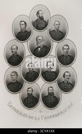 Usa. Amerikanischer Bürgerkrieg (1861–1865). Konföderierte Generäle des Bürgerkriegs. Von oben nach unten und von links nach rechts: Generalleutnant Thomas J. Jackson (1824-1863), Generalleutnant John C. Breckinridge (1821-1875 1867), Generalleutnant Sterling Price (1809 1807-1891 1876), General Joseph E. Johnston (1807 1823-1914), General Robert E. Lee (1803-1862), Generalleutnant P.G.T. Beauregard (1818-1893), Generalleutnant Leonidas Polk (1806-1864), General Braxton Bragg (1817-1870), Generalmajor, General Simon C. Stockfoto