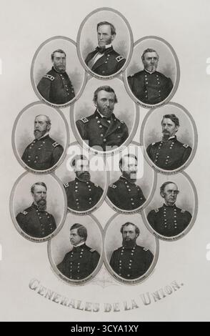 Usa. Amerikanischer Bürgerkrieg (1861–1865). Gewerkschaftsgeneräle des Bürgerkriegs. Von oben nach unten und von links nach rechts: Generalleutnant William T. Sherman (1820-1891), Generalmajor Philip H. Sheridan (1831-1888), Generalmajor George H. Thomas (1816-1870), Generalmajor George G. Meade (1827-1872), General Ulysses S. Grant (1805-1866), Generalmajor Winfield S. Hancock (1824-1886), Generalmajor Frank P. Blair Jr. (1821-1875), Generalmajor Oliver O. Howard, Generalmajor General General General General Oliver, Generalmajor General General General General General General General Teraniel (1830-1890-1909-1885-1822-1815--, Generalmajor General--R. Stockfoto