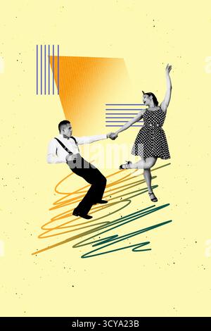 Composite-Bild Trend-Artwork Collage von Paar Retro Stil junge Dame Mann Tanz Hand halten zusammen sorglose Nachtclub Wochenende Event Rest Stockfoto