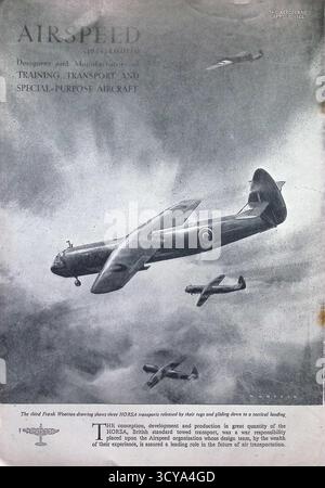Original die Werbung des Flugzeugmagazins vom 7. April 1944 für Airspeed (1934) Limited, Konstrukteure und Hersteller von Ausbildungs-, Transport- und Spezialflugzeugen. Das Bild von Frank Wootton zeigt drei Fluggeschwindigkeitssegler von Horsa, die von ihren Schleppzügen losgelassen wurden und für eine taktische Landung absteigen. Der Werbespot hebt den Beitrag von Airspeed zum britischen Luftverkehr während des Zweiten Weltkriegs hervor Stockfoto