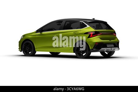 Dreiviertelansicht hinten links des grünen modernen Hatchbag-Autos mit weißem Hintergrund. Stockfoto